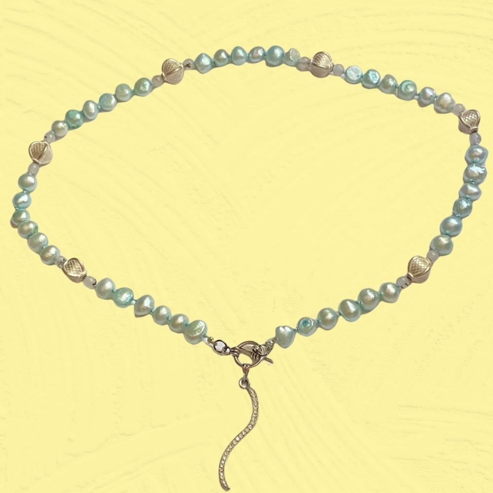 Hand Crafted Pearl Necklace Aqua Blue Green Freshwater Tourmaline Quartz Silk - Picture 6 of 8